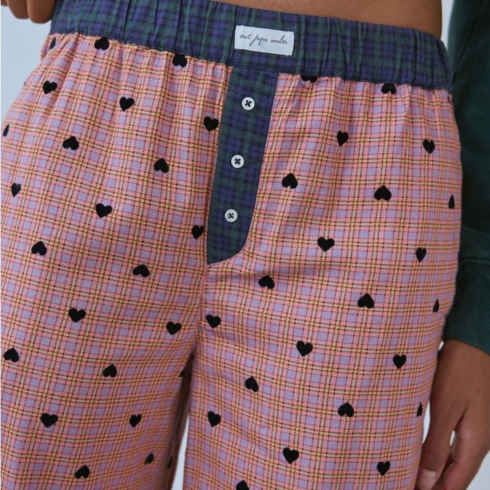 Out Front Under by Urban Outfitters Pink Plaid Boxer Pant with Heart Pattern